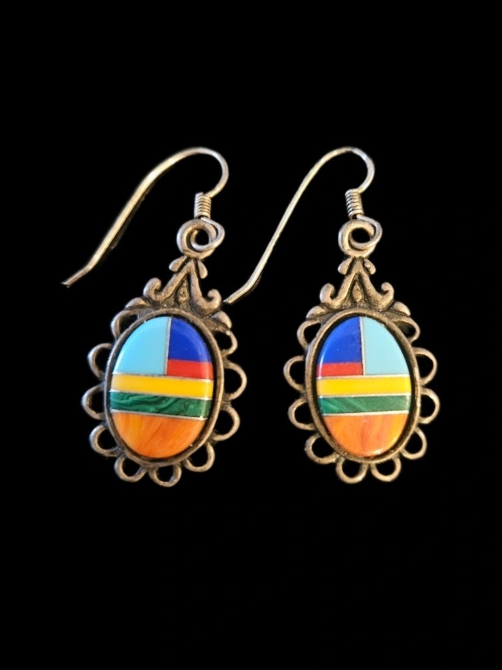 Vintage Sterling Silver © GS Southwestern Multi-Stone Inlay Dangle Earrings